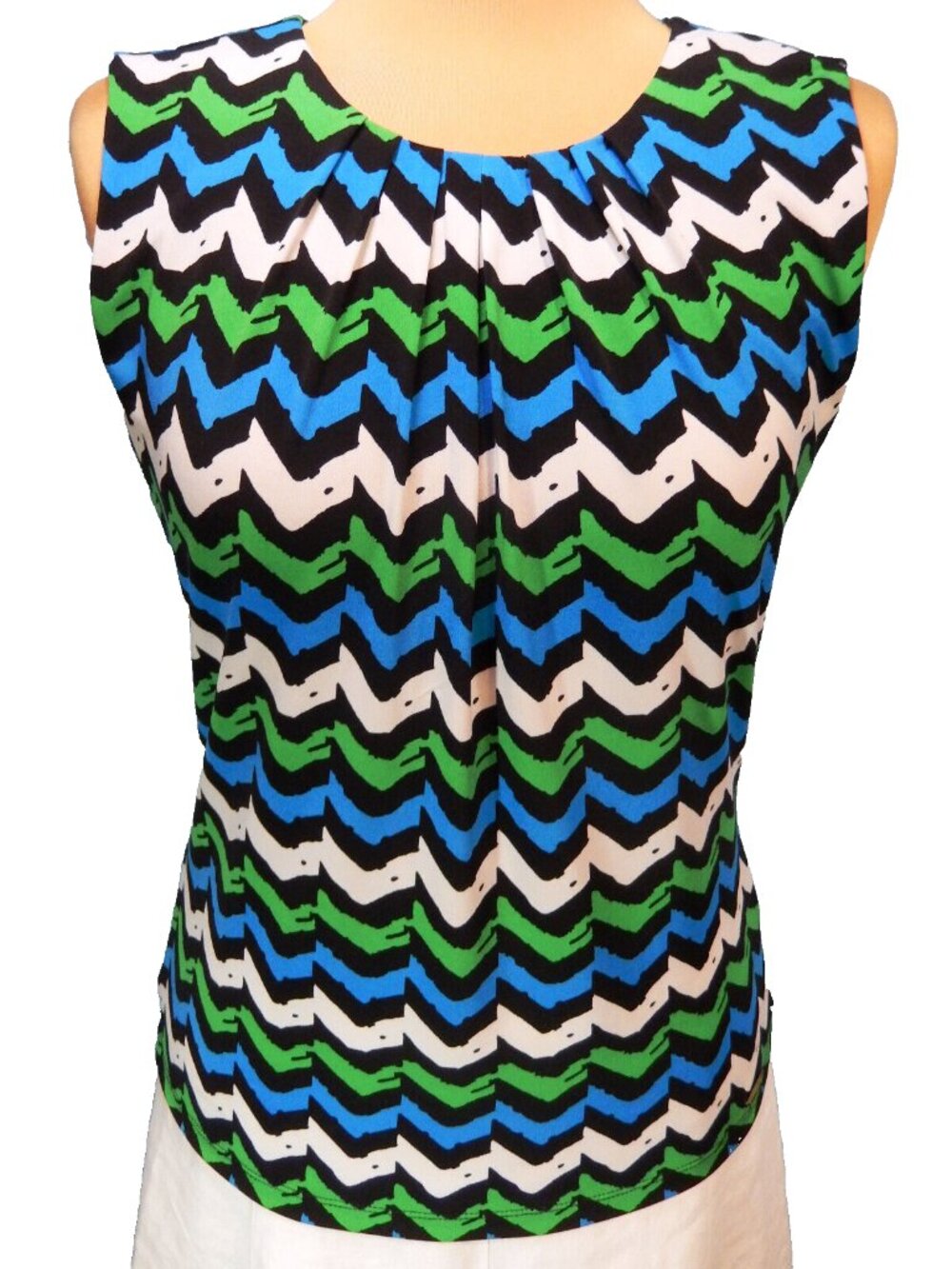 Calvin Klein Green/Blue/White/Black Pleated Neck Sleeveless Career Top Small EUC